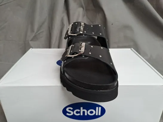 BOXED SCHOLL RAISED BLACK OPEN TOE SANDALS - SIZE 6