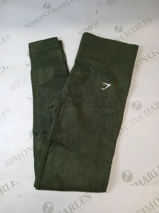 GYMSHARK TEXTURED PRINT LEGGINGS IN KHAKI GREEN SIZE SMALL