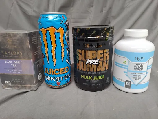 BOX OF APPROXIMATELY 10 ASSORTED ITEMS TO INCLUDE PRE WORKOUT, MONSTER ENERGY, GREY TEA ETC