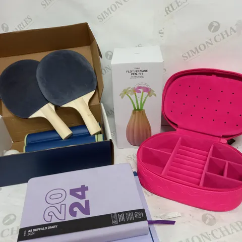 BOX OF APPROXIMATELY 15 ASSORTED ITEMS TO INCLUDE TABLE TENNIS SET, JEWELLERY BOX, 2024 BOOK ETC