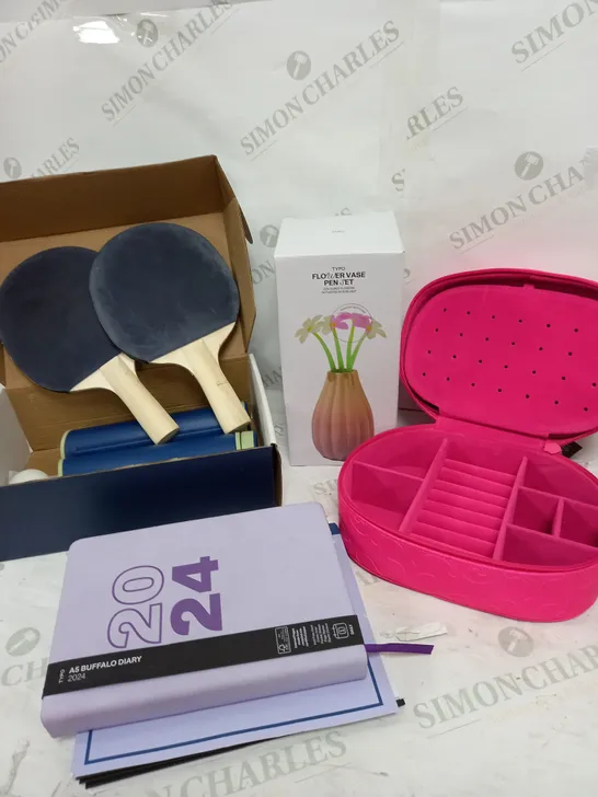 BOX OF APPROXIMATELY 15 ASSORTED ITEMS TO INCLUDE TABLE TENNIS SET, JEWELLERY BOX, 2024 BOOK ETC