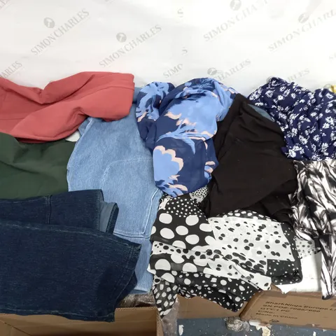 LARGE BOX OF ASSORTED CLOTHING ITEMS TOO INCLUDE TOPS , DRESSES AND JEANS COMING IN DIFFERENT COLOURS AND SIZES 