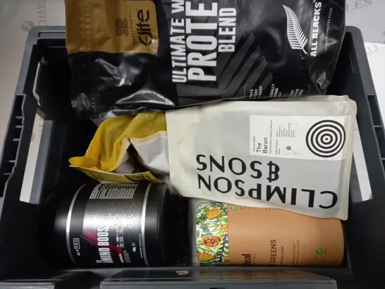 LOT OF APPROXIMATELY 8 PACKS OF COFFEE BEANS AND SUPPLEMENTS TO INCLUDE CLIMPSONS & SONS THE BARON COFFEE, HEALTHSPAN ULTIMATE WHEY PROTEIN BLEND CHOCOLATE FLAVOUR, PRO THE AMINO BOOST WATERMELON SUPP