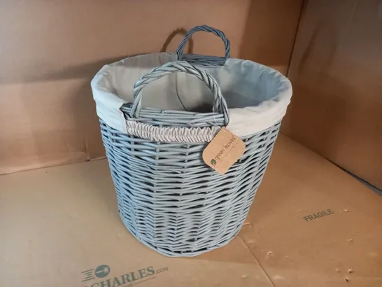 GREEN LEAVES WICKER FABRIC LINED GREY HAMPER 