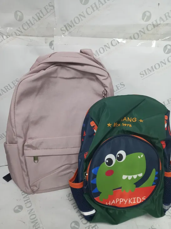 2 X SCHOOL BAG ONE PINK WITH CAT EMBLEM AND HAPPY KIDS DINOSAUR BAG 