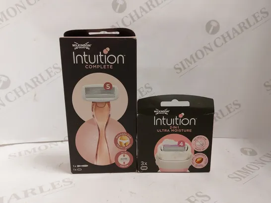 BOX OF 2 WILKINSON SWORD ITEMS TO INCLUDE INTUITION COMPLETE RAZOR AND 2-IN-1 MOISTURE BLADES