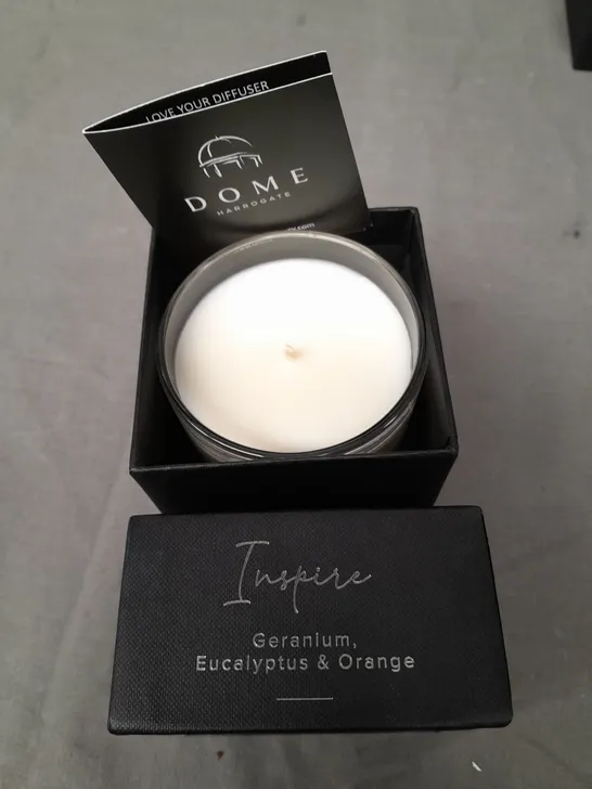 BOXED DOME HARROGATE GERANIUM EUCALYPTUS AND ORANGE SCENTED CANDLE