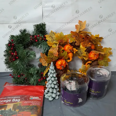 LOT OF 6 SEASONAL ITEMS CHRISTMAS AND HALLOWEEN TO INCLUDE WREATHS AND LIGHTS