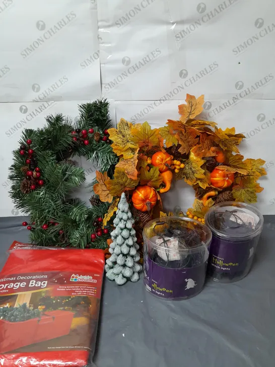 LOT OF 6 SEASONAL ITEMS CHRISTMAS AND HALLOWEEN TO INCLUDE WREATHS AND LIGHTS