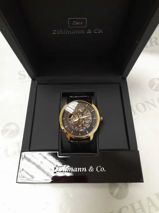 ZIHLMANN & CO ROSE GOLD EFFECT BLACK LEATHER STRAP WRISTWATCH