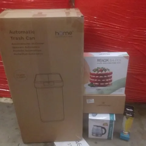 PALLET OF ASSORTED ITEMS INCLUDING AUTOMATIC TRASH CAN, CAKE DECORATING KIT, ELECTRIC KETTLE