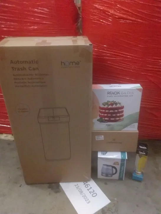 PALLET OF ASSORTED ITEMS INCLUDING AUTOMATIC TRASH CAN, CAKE DECORATING KIT, ELECTRIC KETTLE