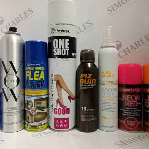 BOX OF APPROX 12 ASSORTED AEROSOLS TO INCLUDE FLEA KILLER, MILKSHAKE LEAVE-IN FOAM, PAINT FACTORY NEON RED SPRAY PAINT, ETC 