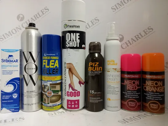 BOX OF APPROX 12 ASSORTED AEROSOLS TO INCLUDE FLEA KILLER, MILKSHAKE LEAVE-IN FOAM, PAINT FACTORY NEON RED SPRAY PAINT, ETC 