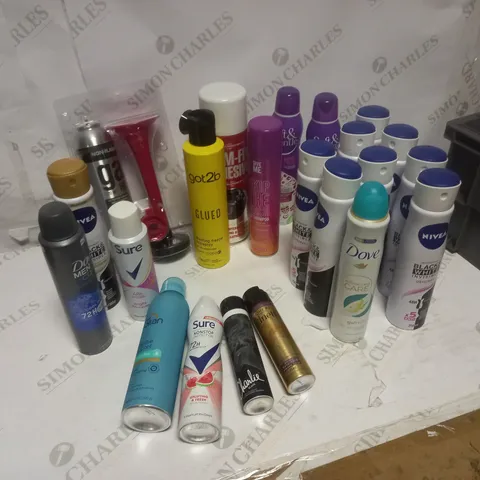 BOX OF  ASSORTED HEALTH AND BEAUTY PRODUCTS - INCLUDING NIVEA AND CHARLIE DEODERANT, GOT2B BLASTING FREEZE HAIRSPRAY