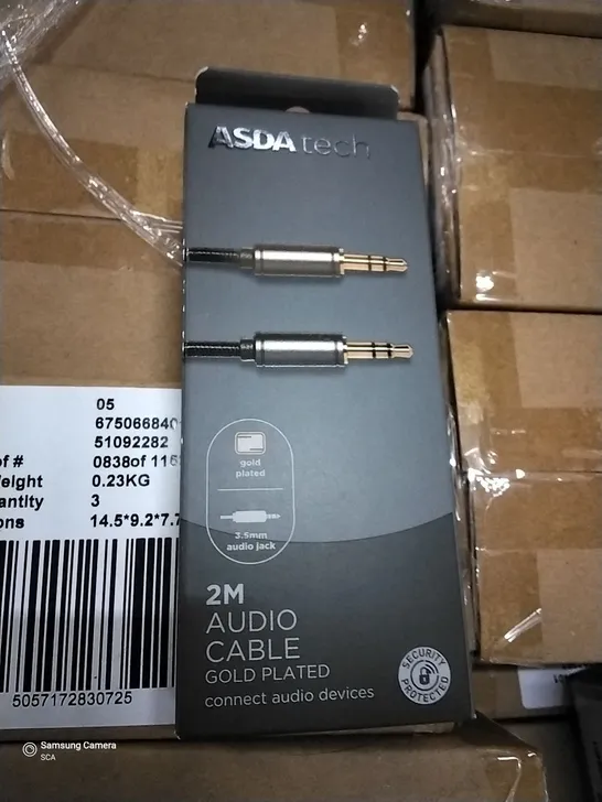 PALLET OF APPROXIMATELY 600 BOXES CONTAINING 3 BRAND NEW 2M GOLD PLATED AUDIO CABLES & APPROXIMATELY 30 BOXES CONTAINING 4 BRAND NEW STEREO SPLITTERS