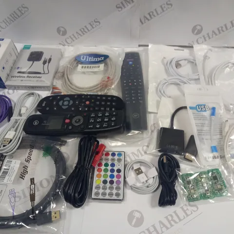 CRATE OF ASSORTED TECH ITEMS TO INCLUDE WIRELESS RECEIVER AND VARIOUS REMOTES AND CABLES