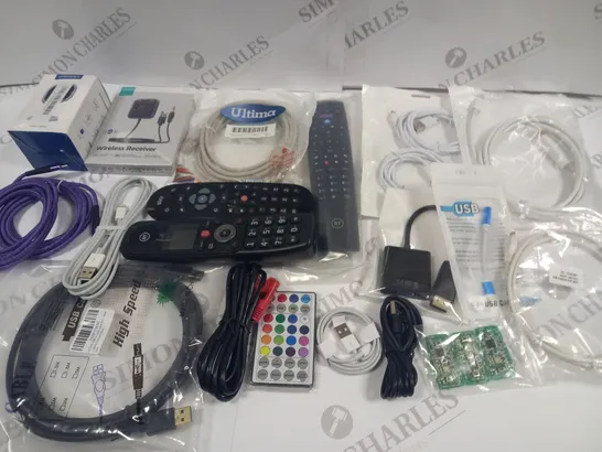 CRATE OF ASSORTED TECH ITEMS TO INCLUDE WIRELESS RECEIVER AND VARIOUS REMOTES AND CABLES