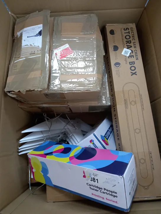 BOX OF APPROXIMATELY 10 ASSORTED ITEMS TO INCLUDE TONER CARTRIDGE, STAR DÉCOR, SAW CHAIN STORAGE BOX ETC