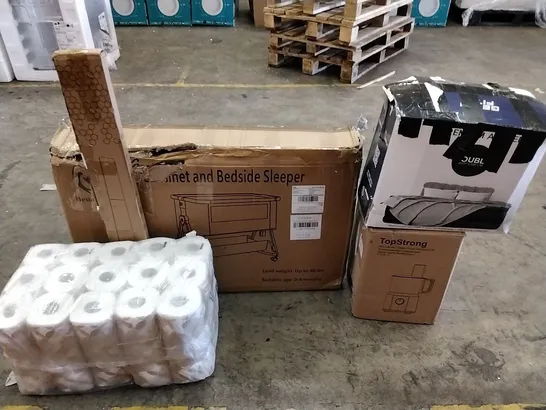 A PALLET OF VARIOUS ITEMS TO INCLUDE. TOILET ROLL, DRYING RACK, BEDSIDE SLEEPER, FOOD PROCESSOR AND AIRBED