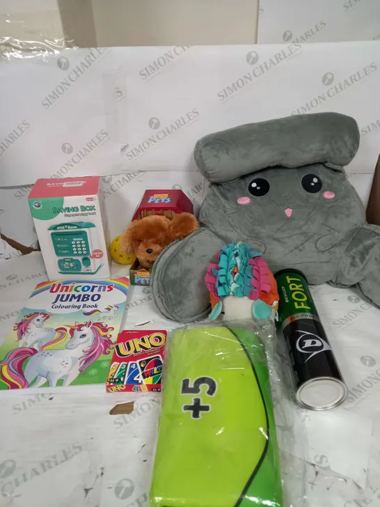 LARGE BOX OF ASSORTED TOYS AND GAMES TO INCLUDE TEDDIES, SAVING BOX AND COLOURING BOOKS