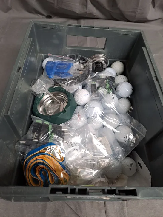 TOTE OF ASSORTED GOLF BALLS AND OTHER HOUSEHOLD ACCESSORIES  