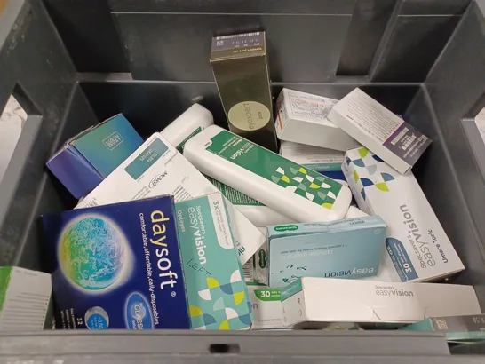 BOX TO CONTAIN APPROX. 25 X ASSORTED VISION CARE PRODUCTS. INCLUDES CONTACT LENSES AND CLEANING SOLUTION. BRANDS VARY 