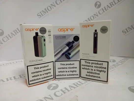 APPROXIMATELY 20 ASSORTED BOXED ASPIRE VAPING PRODUCTS TO INCLUDE FLEXUS STIK KIT, FLEXUS BLOK, POCKEX KIT ETC. 