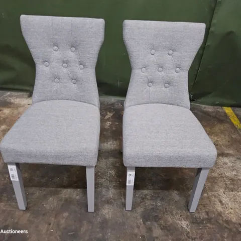 PAIR OF UPHOLSTERED BUTTON BACK DINING CHAIRS GREY FABRIC ON GREY LEGS