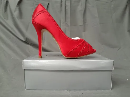 BOX OF APPROXIMATELY 10 BOXED PAIRS OF OCCASIONS BY CASANDRA PEEP TOE HIGH HEEL SHOES IN RED SATIN W. JEWEL EFFECT - VARIOUS SIZES