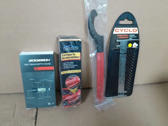 BOX OF ASSORTED CAR ITEMS TO INCLUDE GODSON TREAD GAUGE - CYCLE CHAIN WEAR INDICATOR - PAINT REPAIR / COLLECTION ONLY 