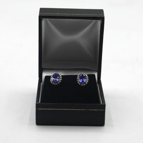 DESIGNER 18ct WHITE GOLD STUD EARRINGS SET WITH OVAL TANZANITE TO DIAMOND HALO WEIGHT +-1.83ct