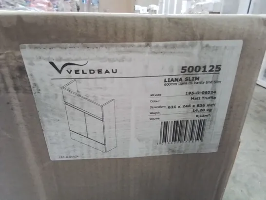 BOXED AS NEW VELDEAU LIANA SLIM 600MM FS VANITY UNIT IN MATT TRUFFLE - 631X246X836MM