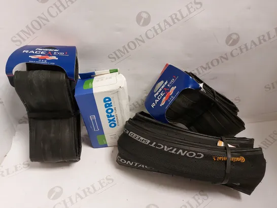 BOX OF 4 ITEMS TO INCLUDE OXFORD STANDARD TUBE, CONTINENTAL RACE TIRES AND PANARACER RACE EVO 3 TIRES