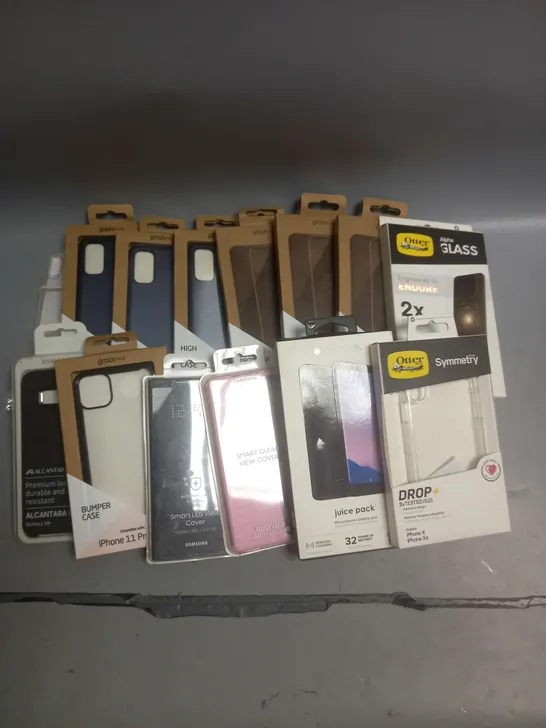 BOX OF APPROXIMATELY 100 PHONE CASES IN VARIOUS MODELS, STYLES AND COLOURS TO INCLUDE SAMSUNG S9, IPHONE 7/8/SE, IPHONE 11 PRO MAX ETC