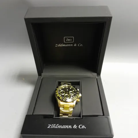 MENS ZIHLMANN & CO Z400 WATCH – CHRONOGRAPH MOVEMENT – GOLD COLOUR STAINLESS STEEL STRAP - BLACK DIAL - 3ATM WATER RESISTANT