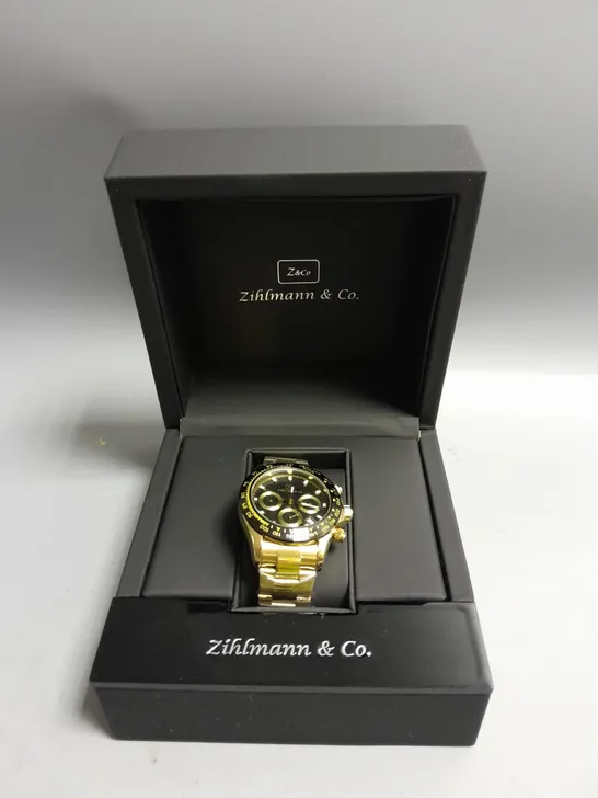 MENS ZIHLMANN & CO Z400 WATCH – CHRONOGRAPH MOVEMENT – GOLD COLOUR STAINLESS STEEL STRAP - BLACK DIAL - 3ATM WATER RESISTANT