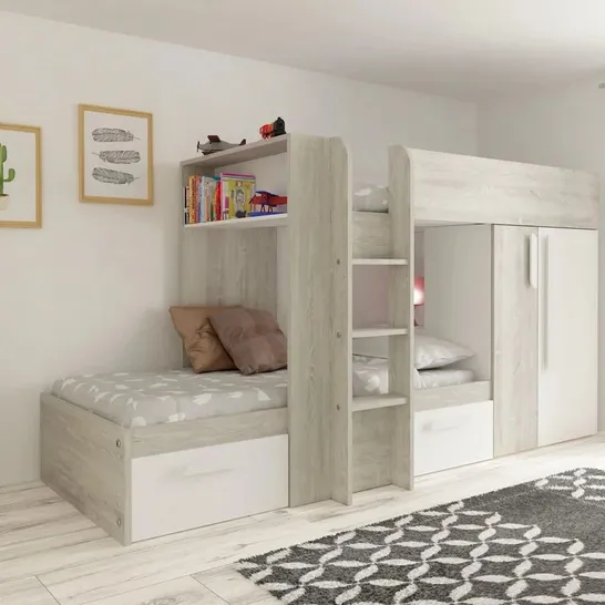 BOXED SURI EUROPEAN SINGLE (90 X 200CM) 2 DRAWER HIGH SLEEPER BUNK BED WITH BOOKCASE - WHITE (7 BOXES - WHOLE PALLET)