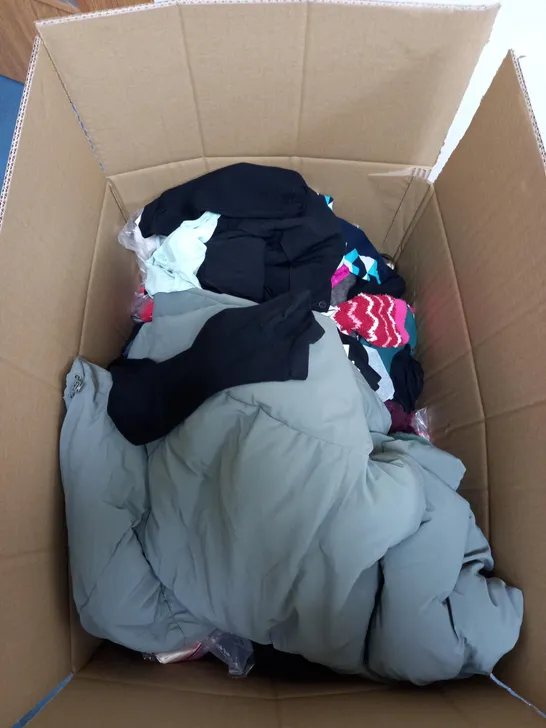 LARGE BOX OF ASSORTED CLOTHING ITEMS IN VARIOUS COLOURS AND SIZES INCLUDING TROUSERS , TOPS AND JUMPERS 