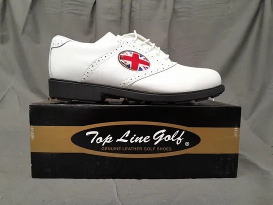 BOX OF APPROXIMATLY 10 BOXED PAIRS OF WHITE/WHITE TOP LINE GOLF SHOES IN VARIOUS SIZES