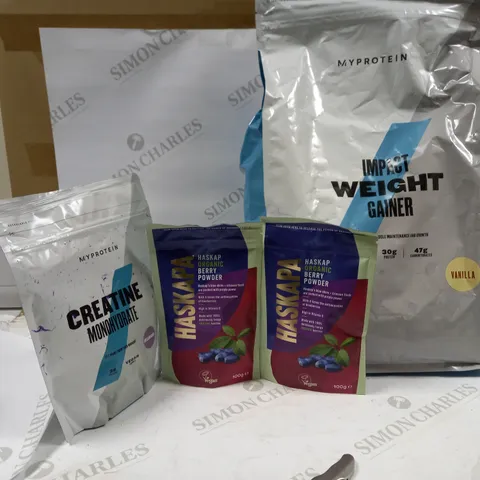 LOT OF 4 ITEMS TO INCLUDE MY PROTEIN IMPACT WEIGHT GAINER (VANILLA), MY PROTEIN CREATINE MONOHYDRATE (UNFLAVOURED), 2 HASKAP ORGANIC BERRY POWDER