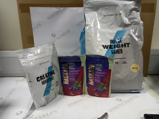 LOT OF 4 ITEMS TO INCLUDE MY PROTEIN IMPACT WEIGHT GAINER (VANILLA), MY PROTEIN CREATINE MONOHYDRATE (UNFLAVOURED), 2 HASKAP ORGANIC BERRY POWDER