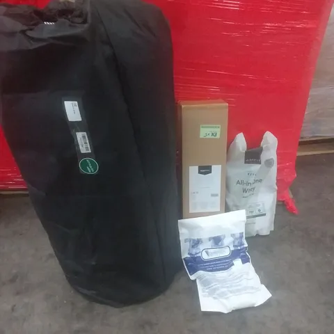 PALLET OF ASSORTED ITEMS INCLUDING BABY MATTRESS, COAT RACK, WHEY PROTEIN POWDER