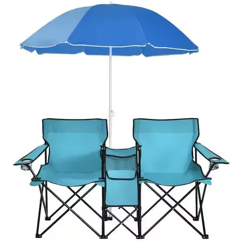 BOXED COSTWAY OUTDOOR PORTABLE DOUBLE CAMPING CHAIR FOLDING PICNIC CHAIRS W/ UMBRELLA & ICE BAG - TURQUOISE 