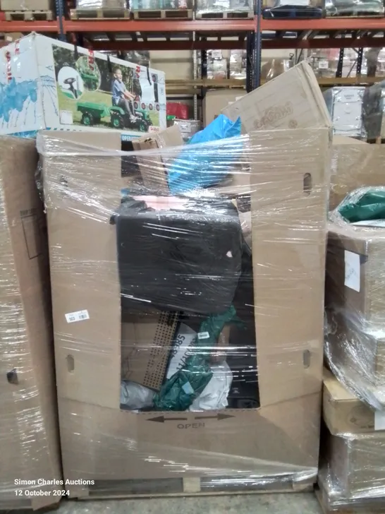 PALLET CONTAINING VARIOUS ASSORTED ITEMS TO INCLUDE: PEDAL TRACTOR, TRUNKI, TV STAND WITH MOUNT ETC.