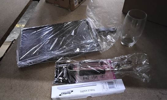 4 BOXES OF APPROXIMATELY 60 ITEMS INCLUDING GENWARE MILLENNIUM TABLE KNIFE, ARCOROC GOBELET GLASS, MELAMINE SERVING PADDLE BLACK MARBLE PATTERN, GENWARE PLASTIC HANDLE BUFFET TONGS BLACK