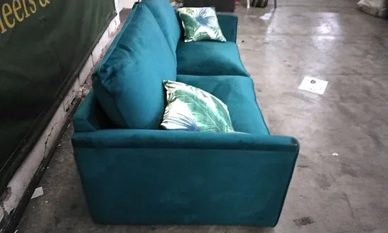 QUALITY BRITISH DESIGNER PASHA 3 SEATER HIGH BACK SOFA - GREEN PLUSH FABRIC