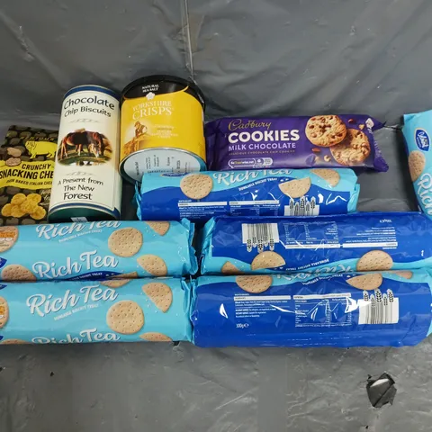 APPROXIMATELY 8 ASSORTED FOOD ITEMS TO INCLUDE RICH TEA BISCUIT, CADBURY MILK CHOCOLATE COOKIES, AND YORKSHIRE CRISP SEA SALT ETC. 