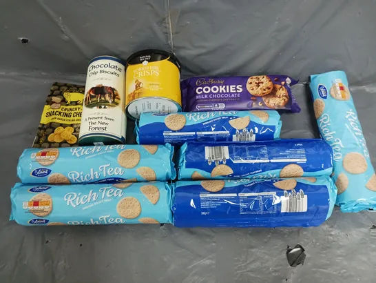 APPROXIMATELY 8 ASSORTED FOOD ITEMS TO INCLUDE RICH TEA BISCUIT, CADBURY MILK CHOCOLATE COOKIES, AND YORKSHIRE CRISP SEA SALT ETC. 