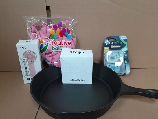 BOX OF APPROXIMATELY 11 ASSORTED ITEMS TO INCLUDE - FAN , BALLOONS , ULTRALIGHT SOOTHER ETC